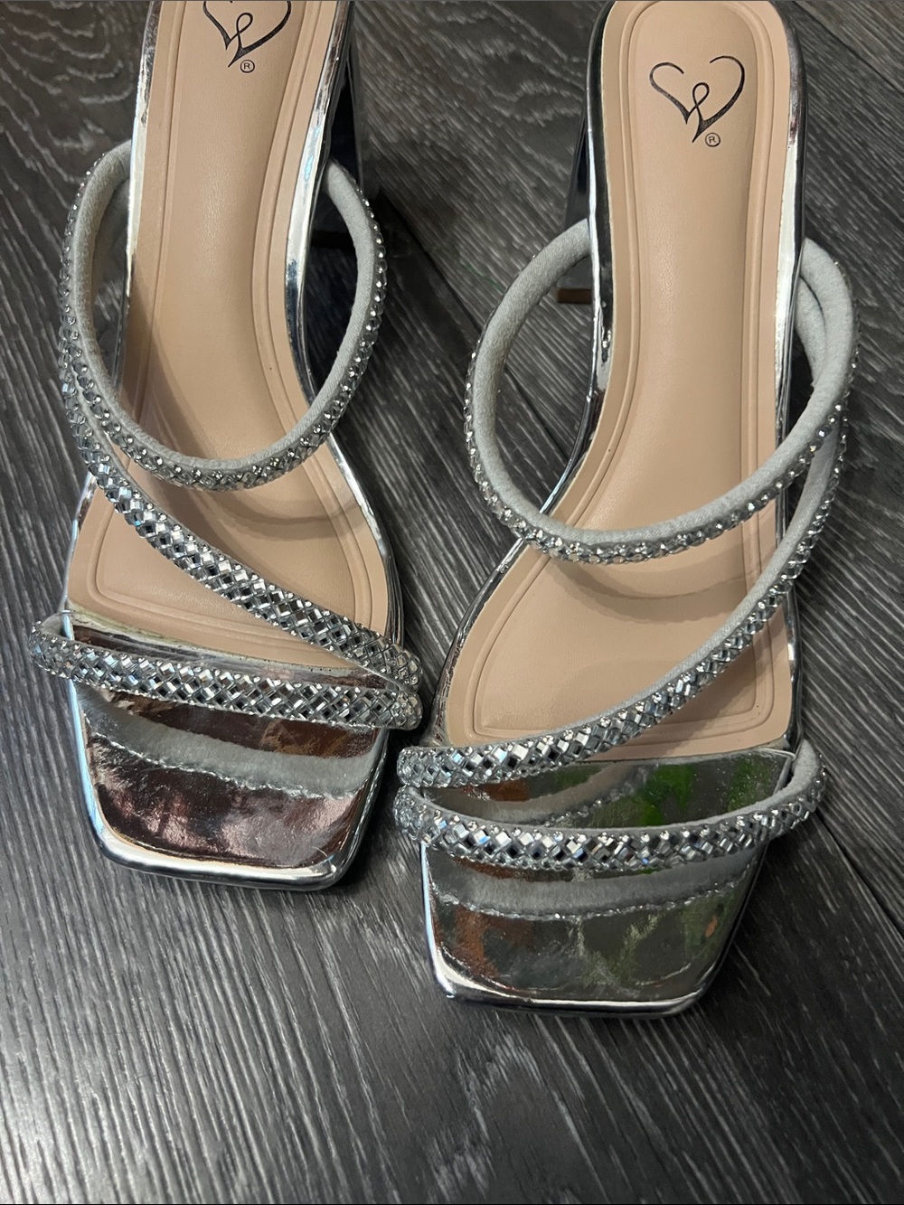 Windsor Silver Rhinestone Strappy Block Heels